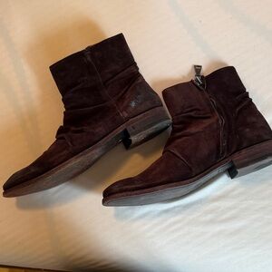 John Varvatos Men's Suede Ankle Boots in Wine Brown - Zip Side